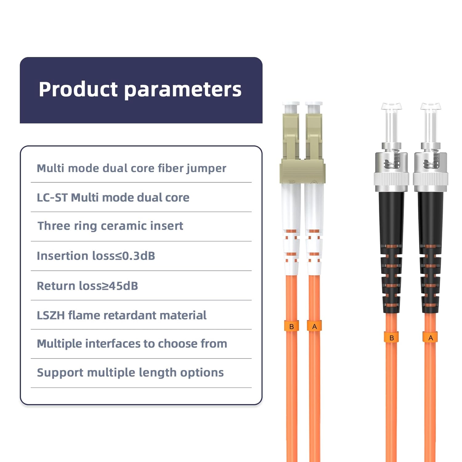 OM1 Fiber Patch Cable LC/UPC to ST/UPC Multimode Duplex 62.5/125μm Fiber Optical Jumper Cord 25M/82FT Fiber Optic Cable,LSZH Orange