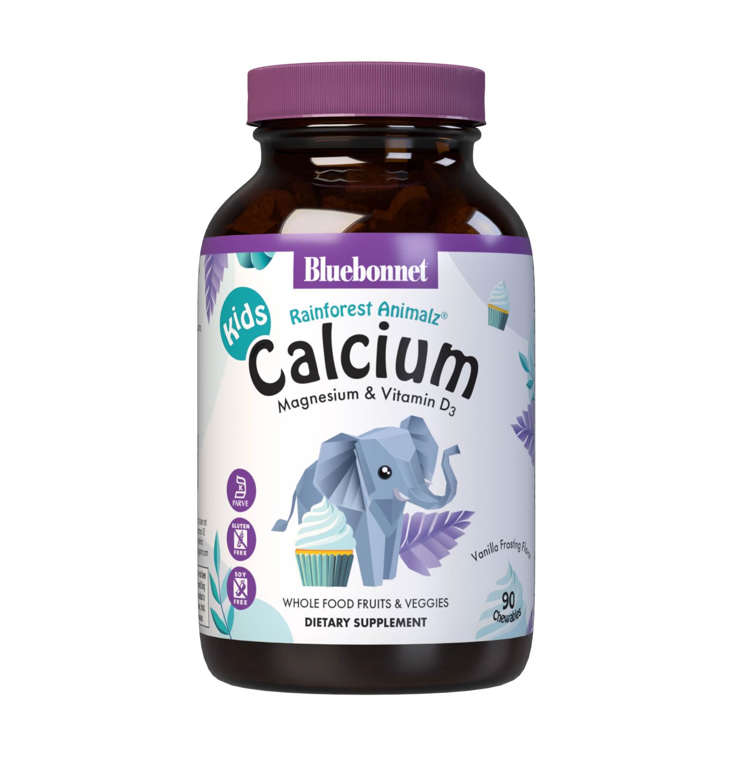 BlueBonnet Super Earth Rainforest Animalz Calcium Magnesium And Vitamin D3 Chews, Natural Vanilla Frosting, White, 90 Count 90 Count (Pack of 1)