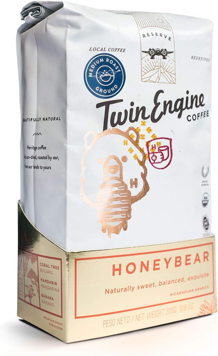 TWIN ENGINE COFFEE - HONEY-BEAR Reserve, Limited Edition, 100% Nicaraguan Arabica Coffee, Medium Roast, Ground, 10.6oz (300g) - Certified Organic USDA, Fair Trade, Specialty Grade - Drip, French Press