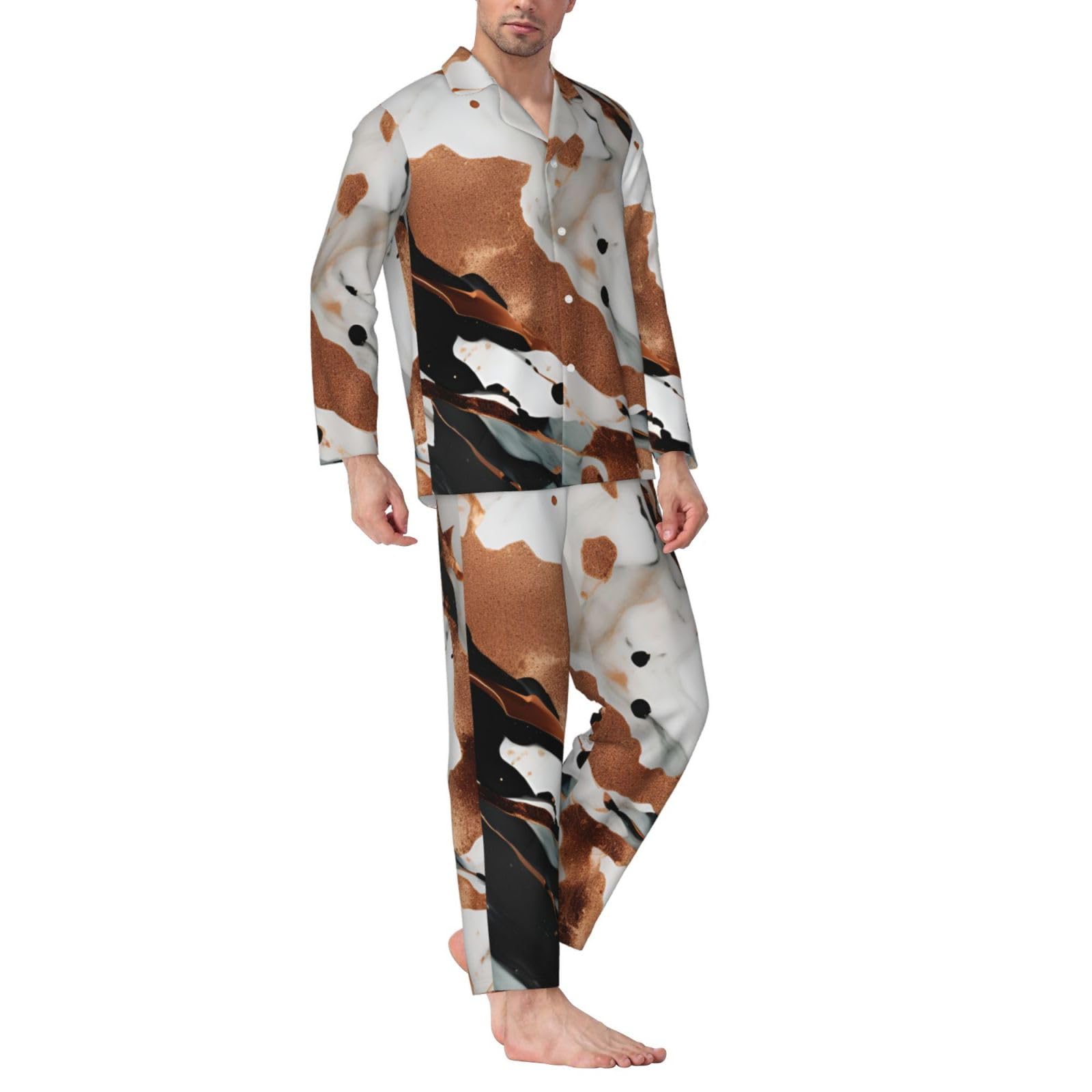 Herren-Pyjama-Set mit Marmor-Textur, Kupferspritzer-Druck, langärmelig, zweiteilig, Hauskleidung, bequeme Nachtwäsche, Nachtwäsche