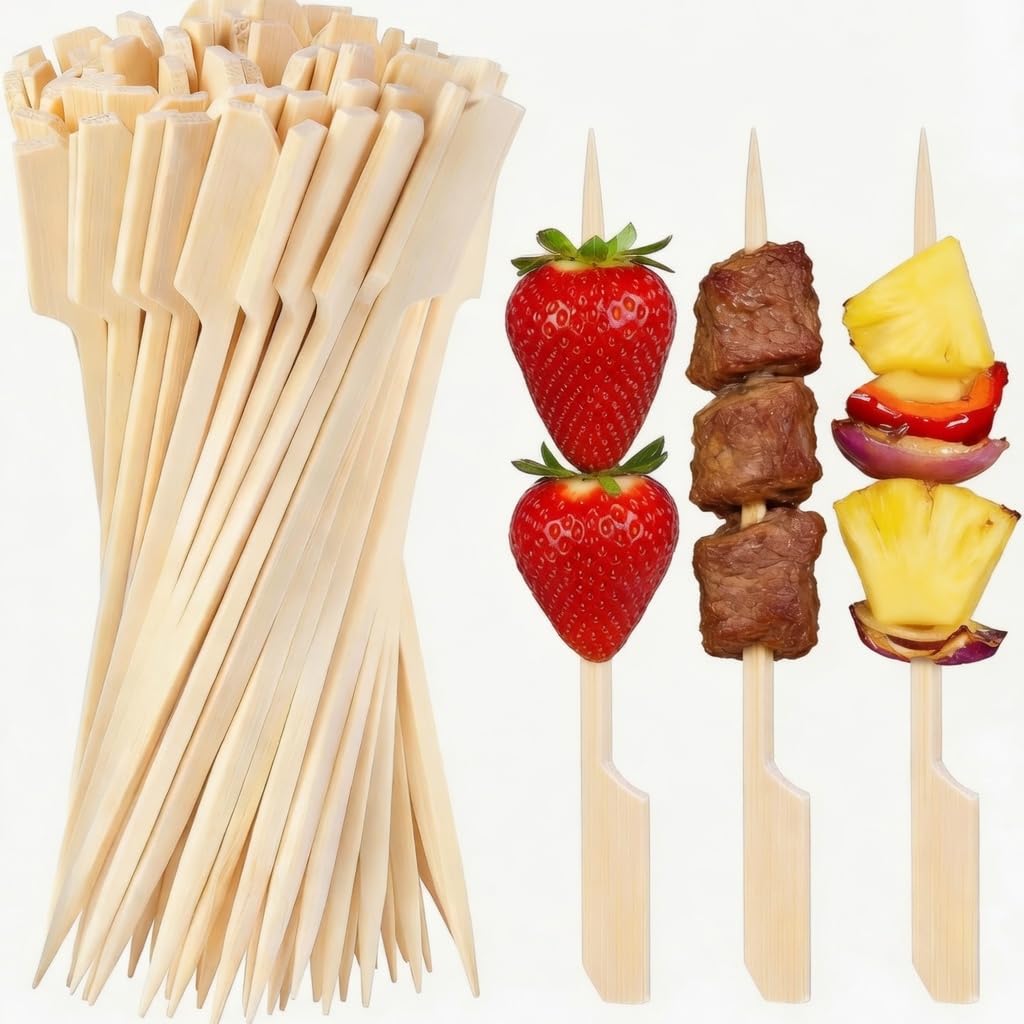 Mosmat 200 Pieces Bamboo Skewers Bamboo, 12CM Paddle Skewers Wooden Paddle Cocktail Picks Barbecue Skewers Bamboo Skewers Kebabs Cocktail Sticks for Appetizers Drinks Fruit Sticks