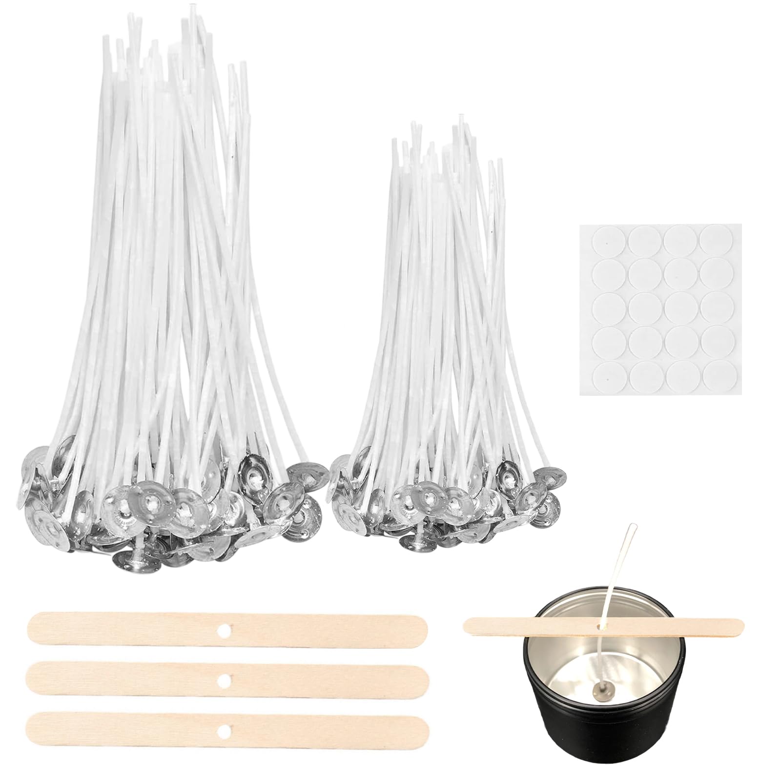 Tagmeiu White Candle Wicks For Candle Making – 100 Pcs Pre-Waxed Cotton Wicks (50 X 10Cm + 50 X 15Cm) With Wick Stickers & Wooden Holders Diy Candle Kit