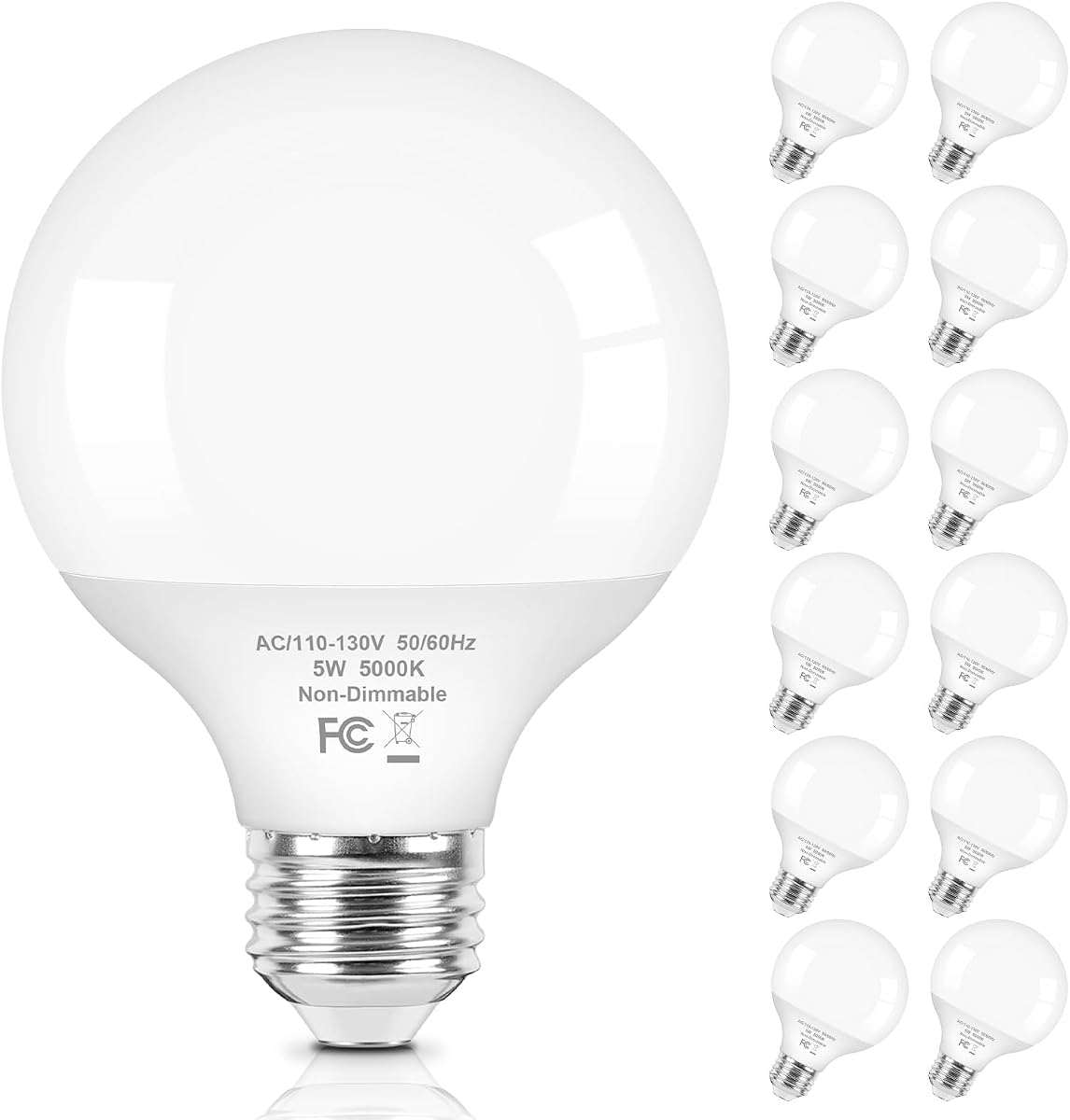 Bombillas de globo G25, bombilla de tocador de 60 vatios para baño | Bombilla redonda para tocador, baño y espejo, 5000 K, no regulable, paquete de 12