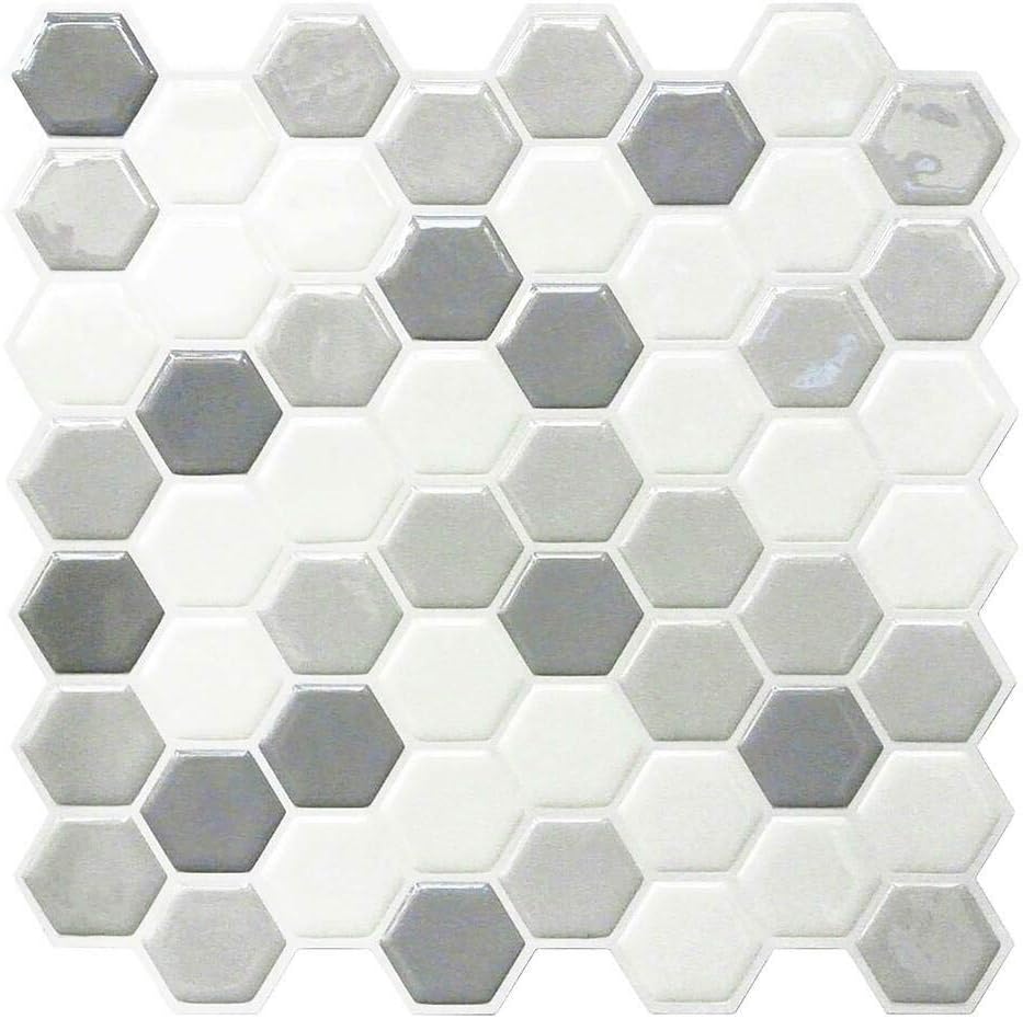 RoomMates TIL4278FLT StickTiles White and Gray Hexagons Peel and Stick Tile Backsplash