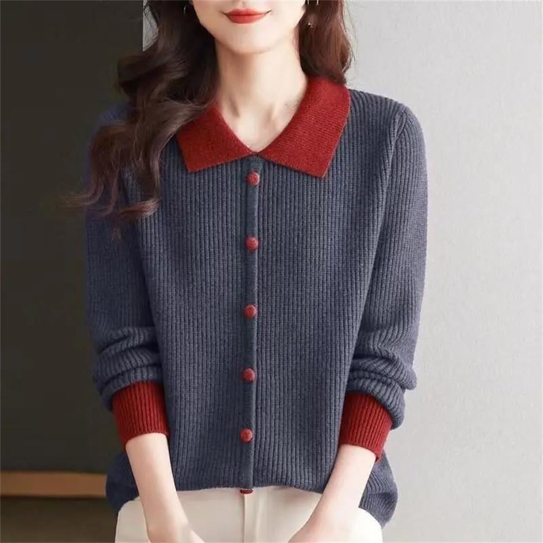Women's Lapel Knit Top for Spring Fall Loose Fashion Base Layer Sweater for Inner and Outer Wear