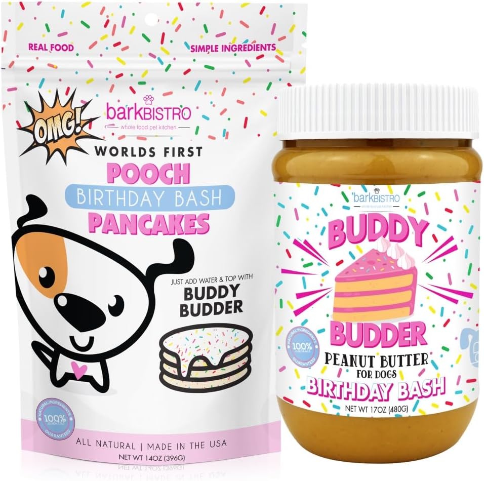 BUDDY BUDDER Birthday Bash Pooch Pancakes- Fun Treat, Brunch w/Your pup, or Stack em' for Dog Birthdays w/Candle, 100% All Natural, No Sugar or preservatives - Made in USA (14oz)