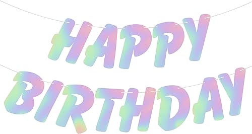 Miniatura 3 de KatchOn, Telón de fondo iridiscente con pancarta de feliz cumpleaños preencordada, paquete de 3, serpentinas iridiscentes, letrero holográfico de