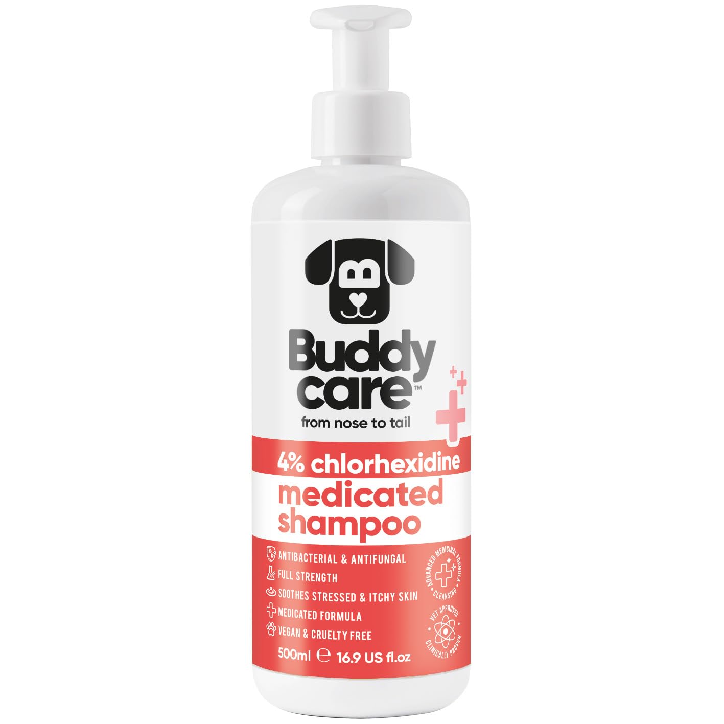 Buddycare Pet Antiseptic Chlorhexidine Medicated Shampoo for Dogs & Cats - 500ml - 4% Chlorhexidine Antibacterial & Antifungal Formula - Soothes Itchy & Irritated Skin