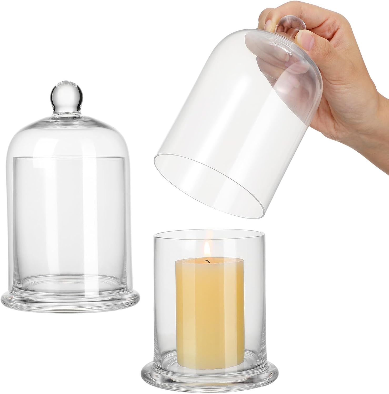 Glass Candle Holder Set 2pcs 15.8cm Handmade Blown Glass Bell Jar Candlestick Decorative Wedding Candle Cup for Home Festival Table Centerpiece