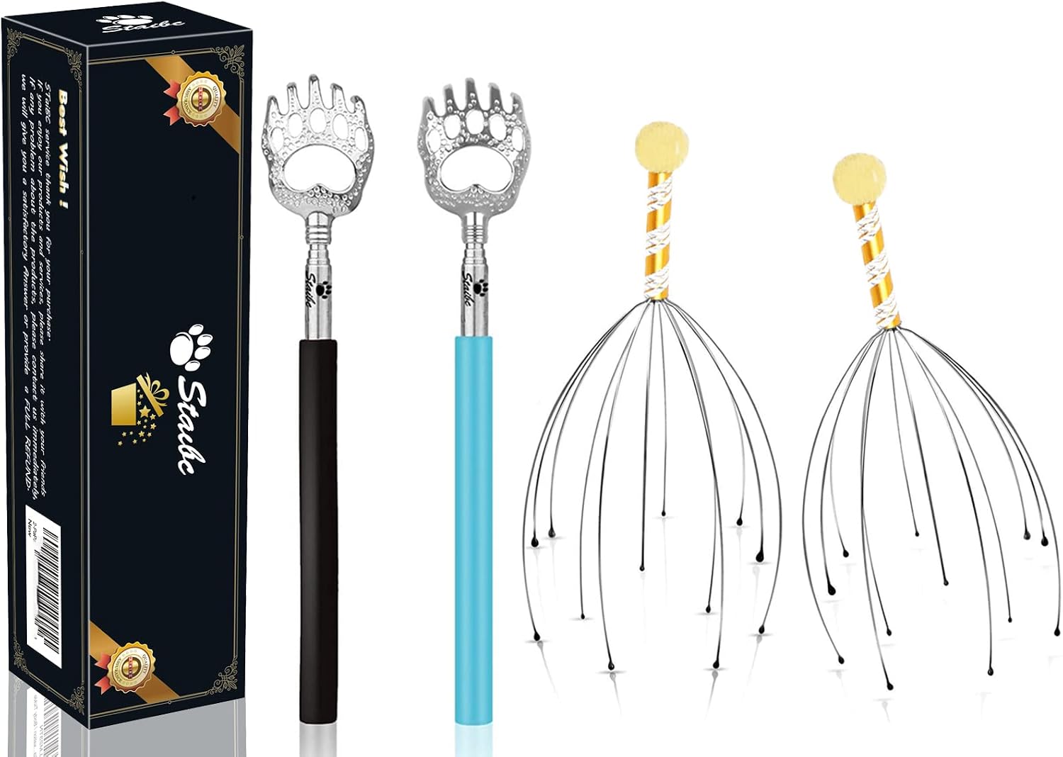 2-Pack Bear Claw Black Telescopic Back Scratcher Plus 2-Pack Head Massager Scalp Scratcher (Gold) Handheld Head Massage Tingler Suitable for Head Relaxation/Body Tickle