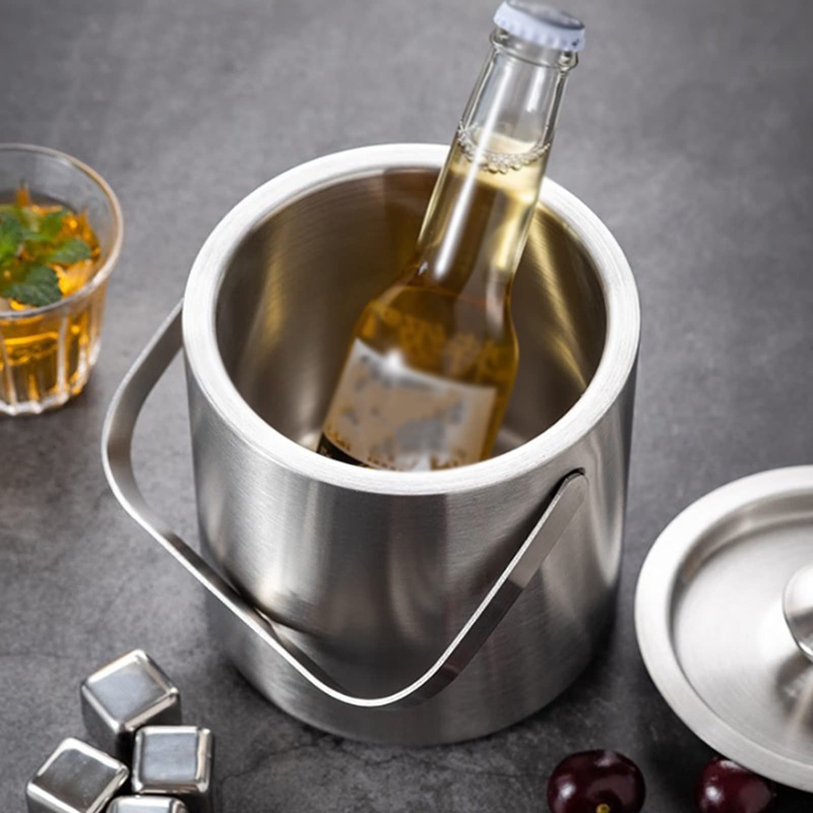 Eiskübel, doppelwandiger Eiskübel aus Metall mit Deckel, 1,3 l, isolierter Eiskübel aus Edelstahl für die Bar, Wein, Zubehör für die Hausbar, Partys, Champagnerkübel, Eiskübel aus Edelstahl, Getr