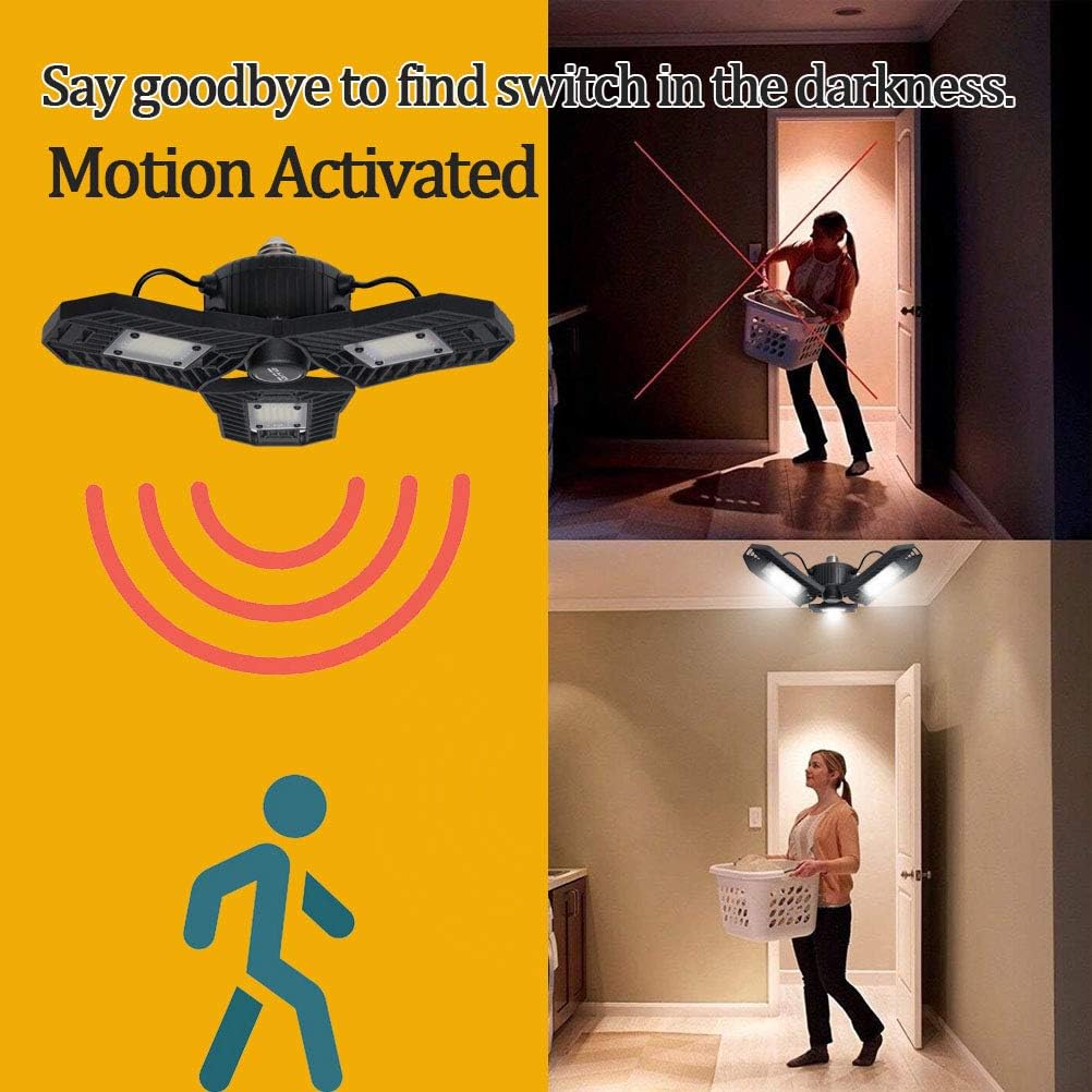 LED Garage Light Motion Activated, 60W Deformable Lamp with Motion Sensor, 6000K LED Garage Ceiling Lights with 3 Adjustable Three Leaf, Shop Lighting for Garage Basement, Attic, Warehouse.