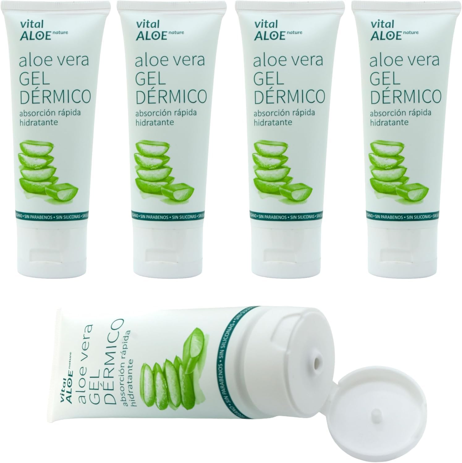 Aloe Vera Dermogel 5x75 ml | Feuchtigkeitsspendendes Gel für Gesicht und Körper mit Bio-Aloe Vera | After Sun und Nach der Haarentfernung | Schnell Einziehend, Vegan, Ohne Parabene und Silikone