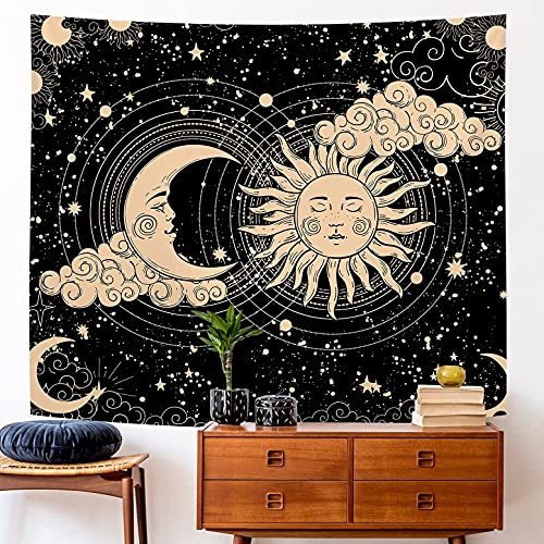 Image of HASTHIP Polyester Sun and Moon Tapestry - Aesthetic Black Dark Spiritual Wall Art for Bedroom, Living Room Decor (51 inchX59 inch)