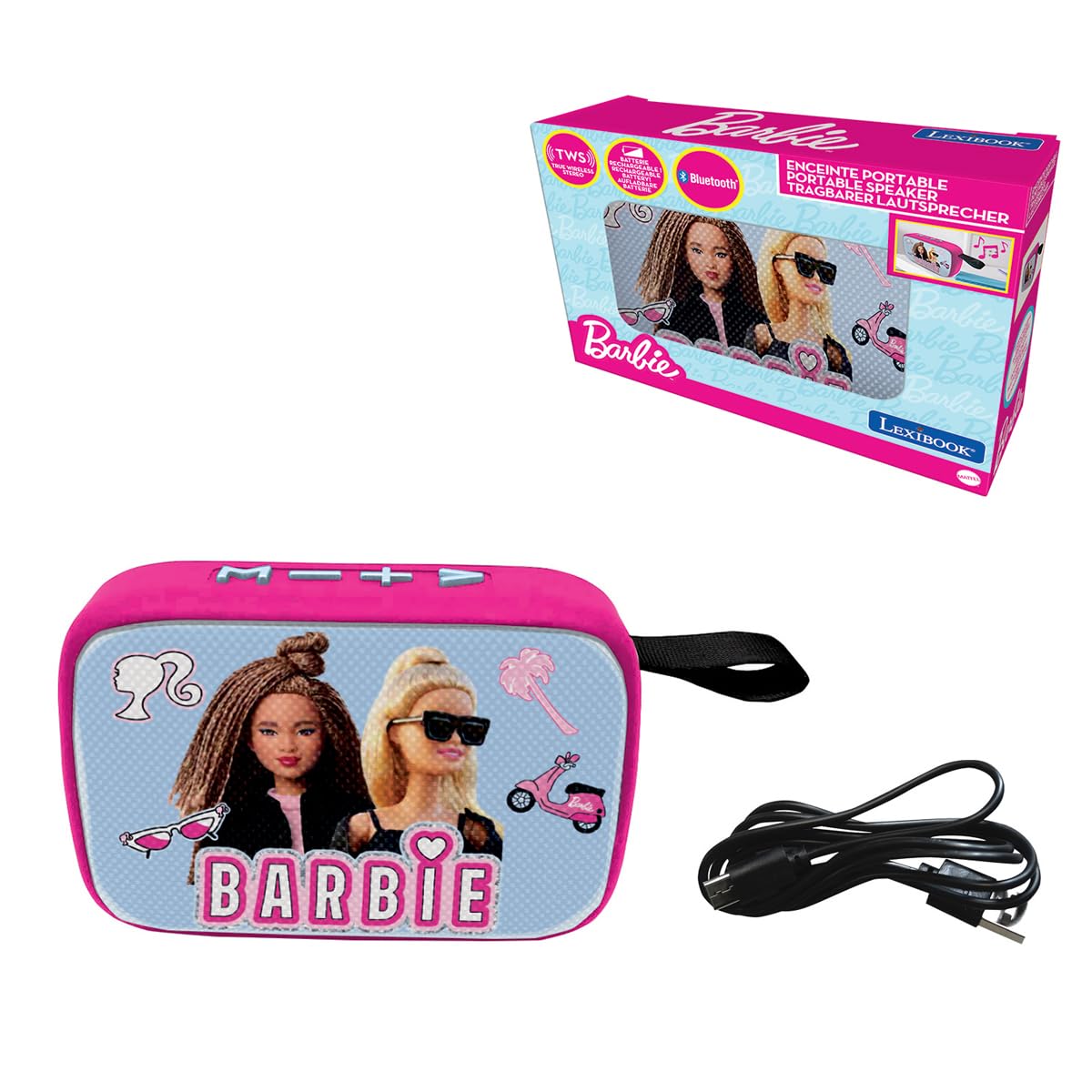 LEXIBOOK Mattel Barbie - Portable Bluetooth Speaker, Wireless, USB-C, SD/TF card, Rechargeable battery, blue/pink, BT018BBLXB
