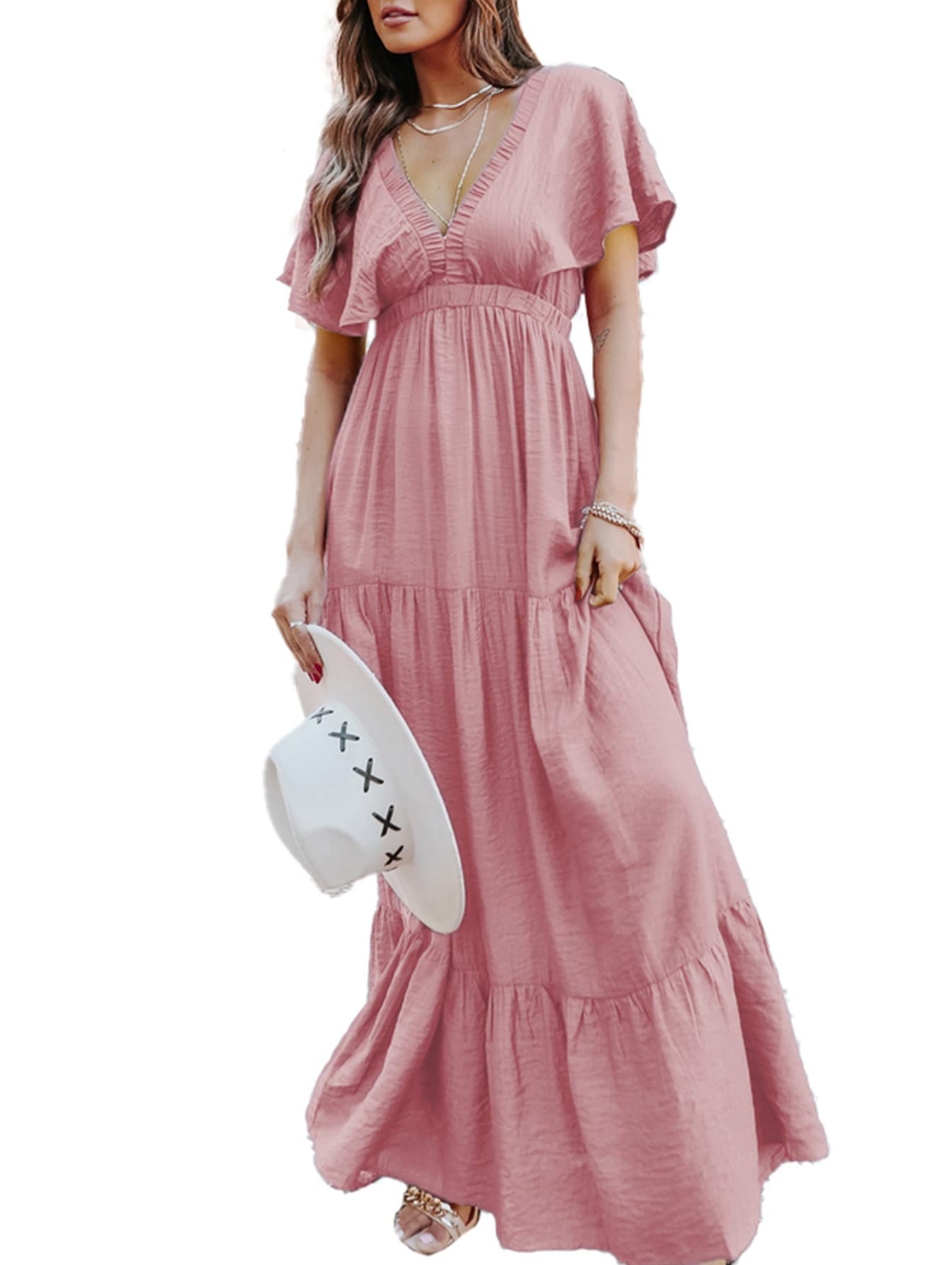 Amegoya Women's Casual Short Sleeve V Neck Floral Maxi Dresses Boho Beach Photoshoot Flowy Ruffle Long Dress