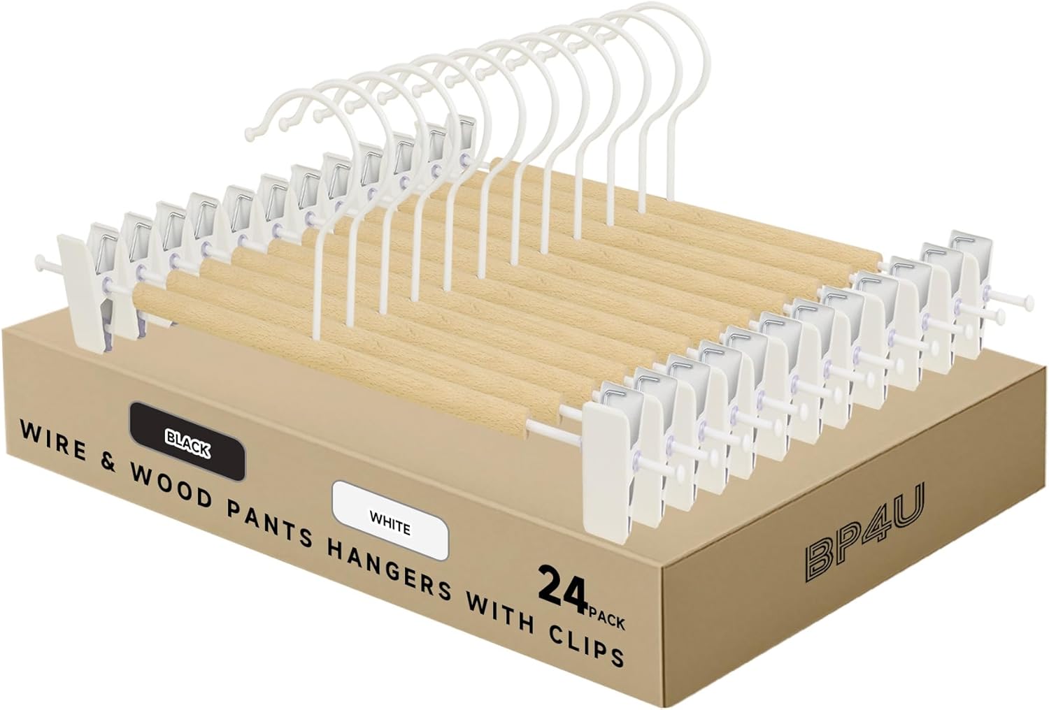 12-Pack Wire Pants Hangers with Adjustable Clips, Premium Wooden Skirt Hangers, Non-Slip Clamp Bottom Hangers for Trousers, Jeans, Shorts & Clothing Organization (White)
