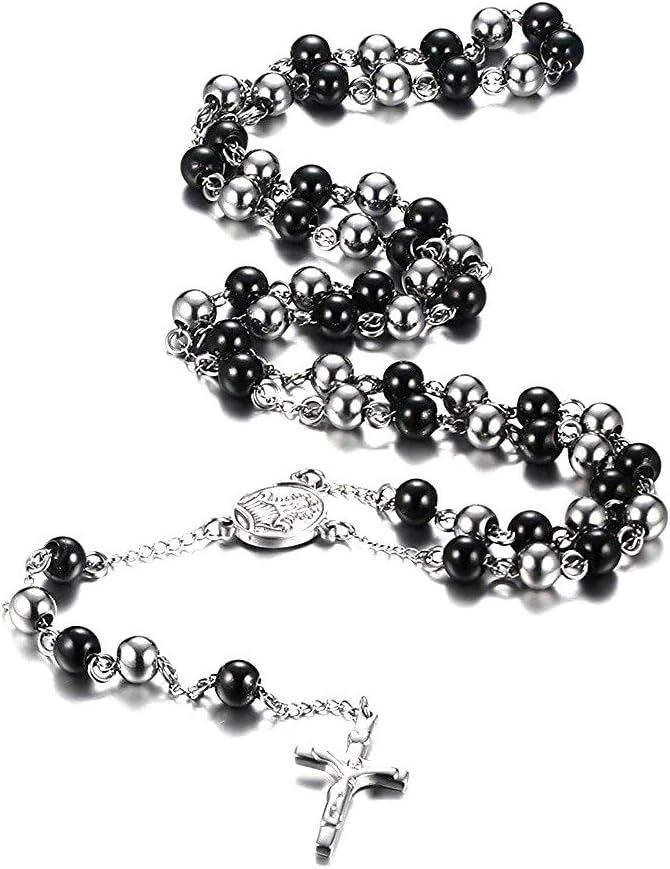 VNOX Unisex Black Stainless Steel Long Rosary Bead Chain Jesus Cross Catholic Crucifix Cross Necklace,36" (Two-Tone)