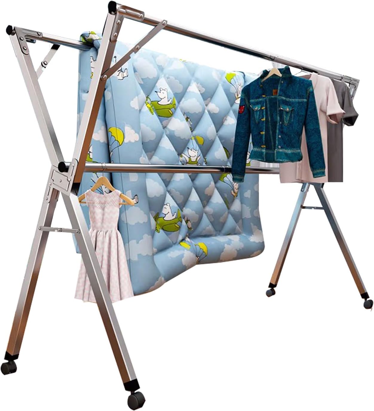 Laundry Room Collapsible Clothes Drying Rack, Clothes Drying Racks for Laundry Outdoor with Wheels, Length and Height Adjustable Saves Space Laundry Stand (200cm/79 in)