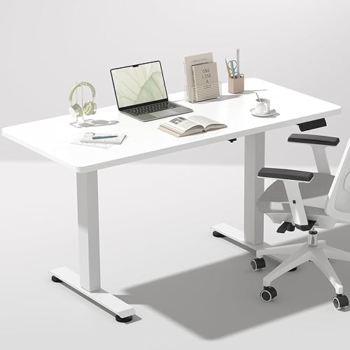 Veken 47.2 Inch Electric Standing Desk, Height Adjustable Sit Stand Up, Wood Desktop, Work Home Office Computer PC Desks, Gaming Writing Study Bedroom Rising Table, Tall Standup Workstation, White