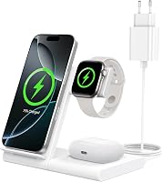 Stație de încărcare 3 în 1 WATOE pentru Apple Watch Ultra 3 11 10 9 8 7 6 SE 3 iPhone 17 16 15 14 13 12 11 Pro Max Plus AirPods 4 3 2 Pro 3 albă 1