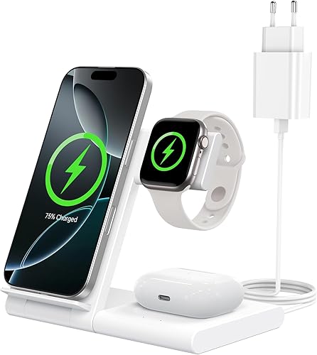 Cargador Inalámbrico 3 en 1 para iPhone 17/16/15/14/13/12, Estación de Carga Rápida 15W para Apple Watch Ultra/SE/Serie y AirPods Pro, Base Plegable de Escritorio y Mesilla