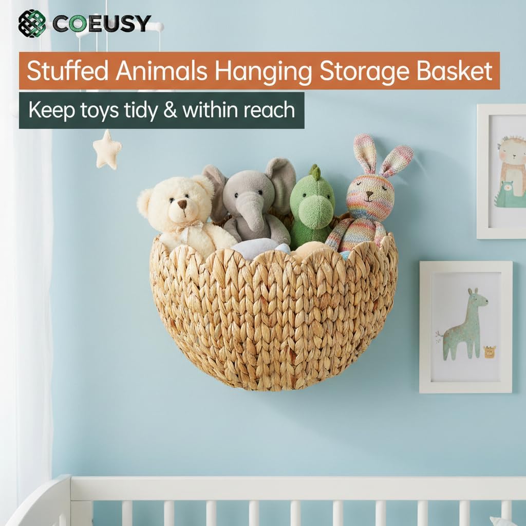 Scalloped Wall Basket,Boho Wall Decor Basket,Big Wicker Hanging Baskets for Nursery,Door,Plants,Mail,Natural Water Hyacinth