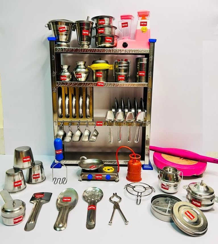 Mini Stainless Steel Utensils and Plastic Non Toxic Indian Kitchen Set Great Kitchen Toys for Girls (Kid's Love Kitchen Set) Indoor Game,Best for Gift/Return G-image-7