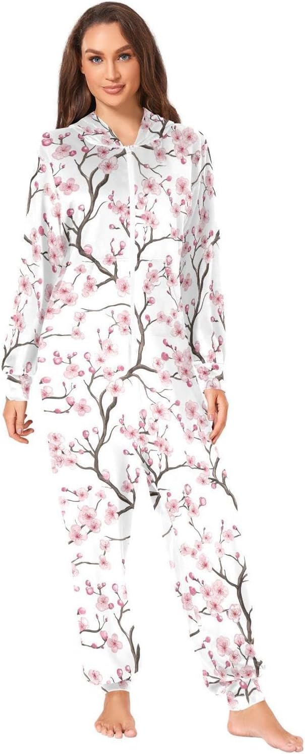 ZZKKO Pink Plum Blossom Blooming Adult Onesie Pajamas for Women Men Cozy One Piece Pajamas Costume Zip-Up Hooded S-XL