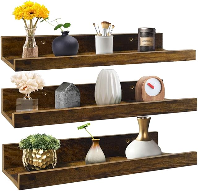 Amazon Brand - Umi Wall-Mounted Floating Shelves with Rustic Design, 16 Inches, 3-Pack, for Kithchen, Bathroom, Living Room or Office