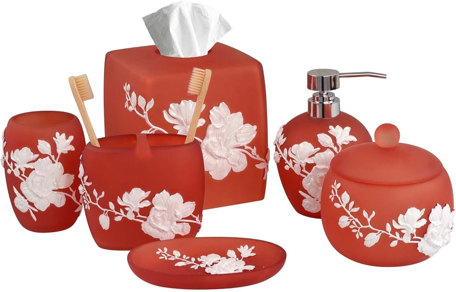 Decozen Bathroom Accessories 6Pcs Set, Soap Dispenser, Toothbrush Holders, Tumbler, Soap Dish & Cotton Swab Jar – Modern Bathroom Decor, Modern Farmhouse Decor, Countertop Accessories, Red