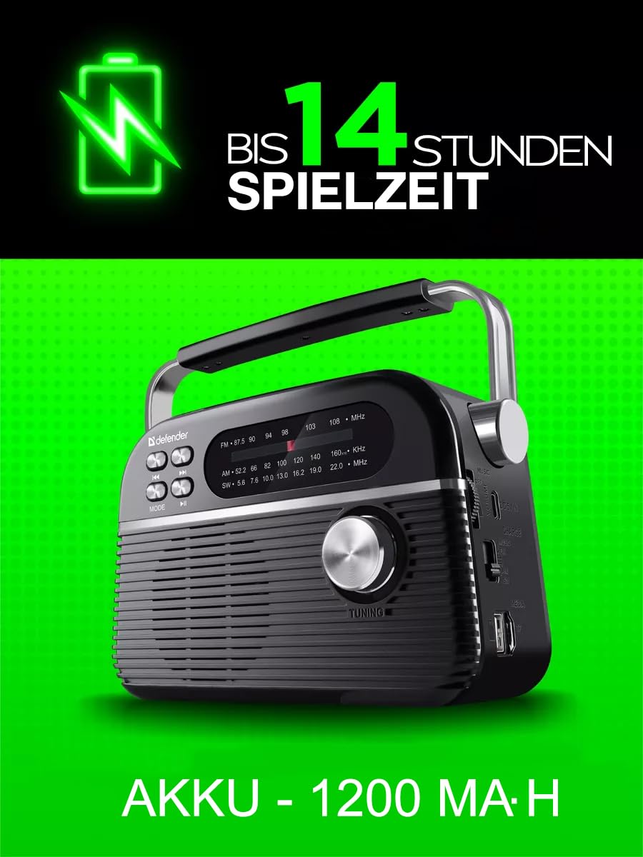 DEFENDER® Vega Tragbares Retro Radio mit Bluetooth, FM/AM/SW Rundfunkempfang, Integrierter Akku, Küchenradio, Teleskop-Antenne, Lautsprecher 5W, USB-C, Schwarz