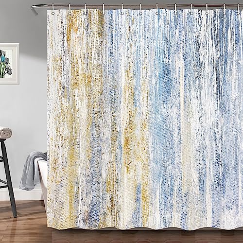 JAWO Rideau de douche abstrait, design rayé moderne, peinture contemporaine jaune bleu gris
