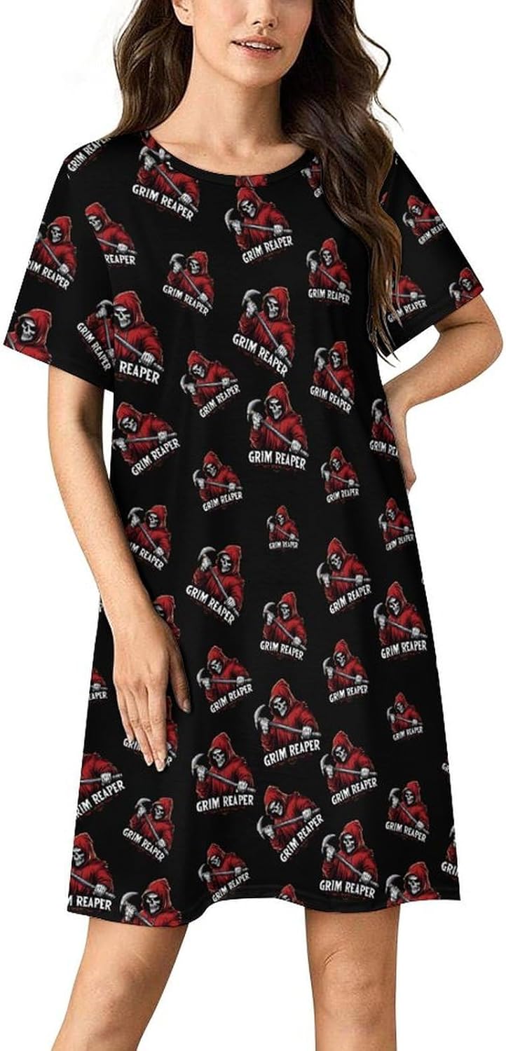 Grim Reaper Nightgowns for Women Short Sleeve Sleep Dress Casual Sleepshirt Night Gowns Pajamas