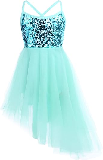 Hularka Kids Girls Shiny Sequined Ballet Dance Dress Leotard Camisole Mesh Tutu Skirt Performance Lyrical Dancewear