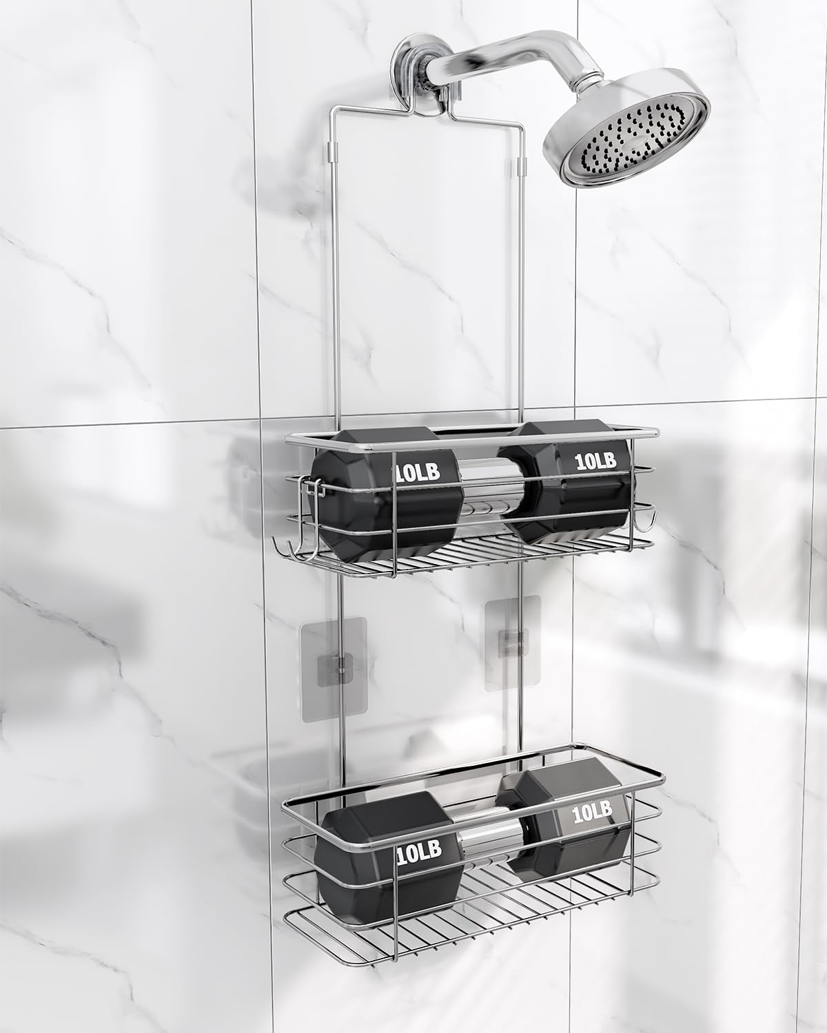 Hanging Shower Caddy, Stainless Steel, 2-Tier Bathroom Organizer Rack over Shower Head with 2 Hooks for Razor and Sponge