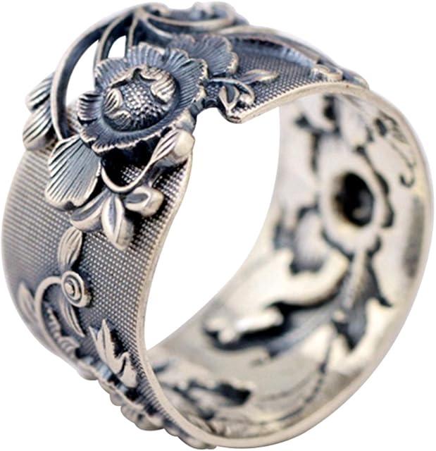 Vintage Wide Black 999 Sterling Silver Peony Flower Ring for Women Girls 15mm Open and Adjustable