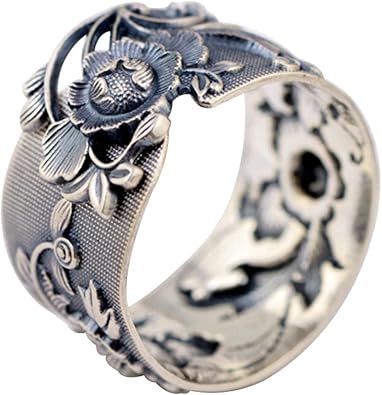 Black Peony Ring Wide Solid 999 Sterling Silver Flower Ring Vintage Jewelry for Women 15mm Open Adjustable