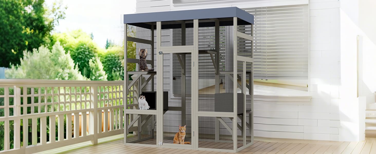 Garvee Enclos extérieur pour Chats en Bois Sécurisé Toit étanche Anti-UV 5 Plateformes 2 niches Jusqu'à 6 Chats Gris 159×82×178 cm