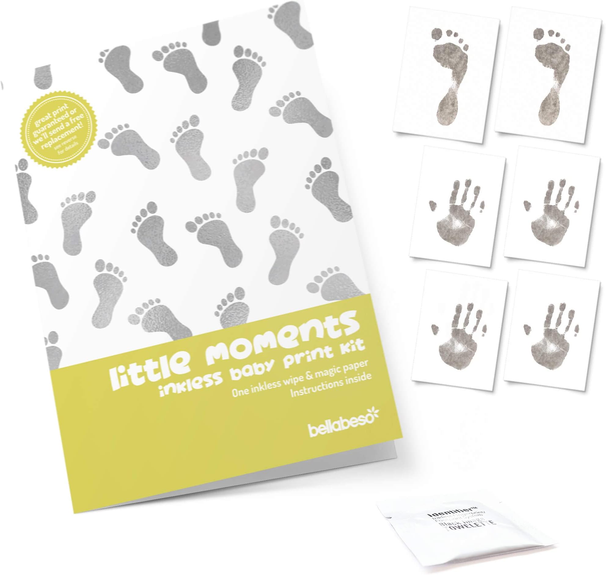 Six Sheet Baby Hand and Foot Print Kit with one inkless towelette โ Ready to Frame Sizes Baby Footprint kit from Little Moments