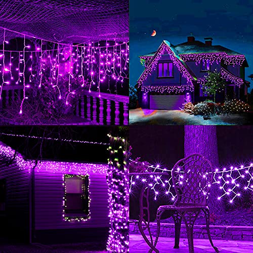 Image of Dazzle Bright 360 LED Christmas Icicle String Lights, Light Up Christmas Decorations 8 Modes Fairy Lights for Outside Garden Patio Holiday Party (Purple)