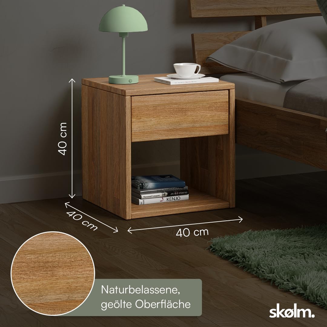 skølm Floki Nachttisch mit Schublade 2er Set – Nachtschrank Massivholz Eiche – Nachttischschrank Natur – Bedside Table – Nachtkommode Schlafzimmer – Nachtkästchen Holz – Beistelltisch 40x40x40 cm