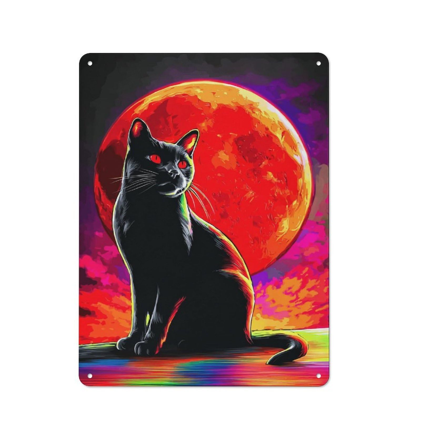 Black Cat with Red Eyes Against A Full Moon Rustic Metal Plaque 40x30cm for Lounge Or Reading Corner, for Garage, Workshop And Man Cave Decoration