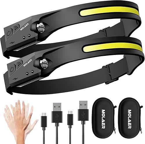 LED Headlamp Rechargeable Flashlight, 2-Pack 230° Wide Beam Headlight with