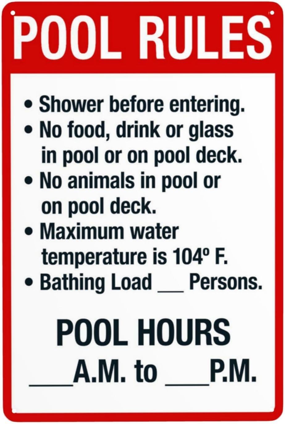 Pool Rules & Hours Rust Free Aluminum Sign - Retro Pool Decor with Pre-Drilled Holes for Home/Business Pool - 16x12 Inch​