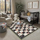 PureCozy Alfombra Lavable Floral a Cuadros 120x170cm Moderna Alfombra de Cocina Salón Dormitorio Tapete Antideslizante Pelo Corto Suave Negro Blanco Carpet