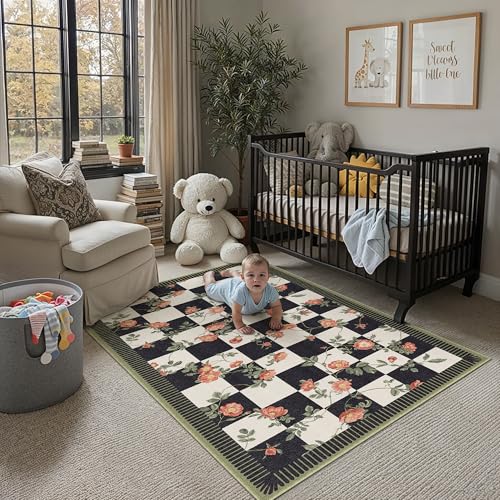 Image of PureCozy Rugs Living Room Washable Flower Area Rug 120x170cm Non Slip Checkered Modern Floral Low Pile Carpet Dining Room Bedroom Kitchen Hall Lounge Office, Black&White