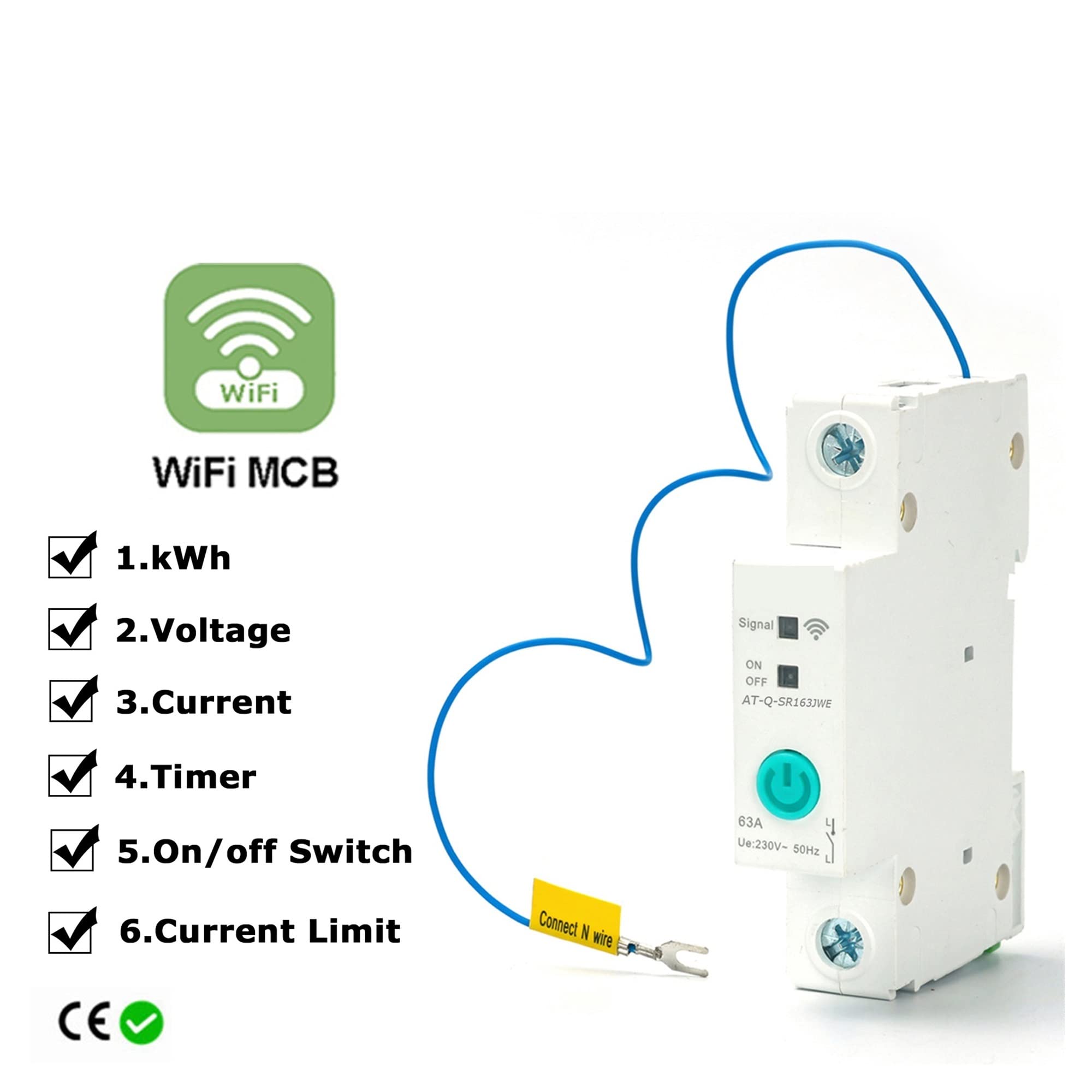 Compteur Électrique Monophasé, avec Compteur disjoncteur Intelligent 1P 2P 63A DIN Rail for Smart Home sans Fil télécommande commutateur par APP, Facile à Installer(2,32A)