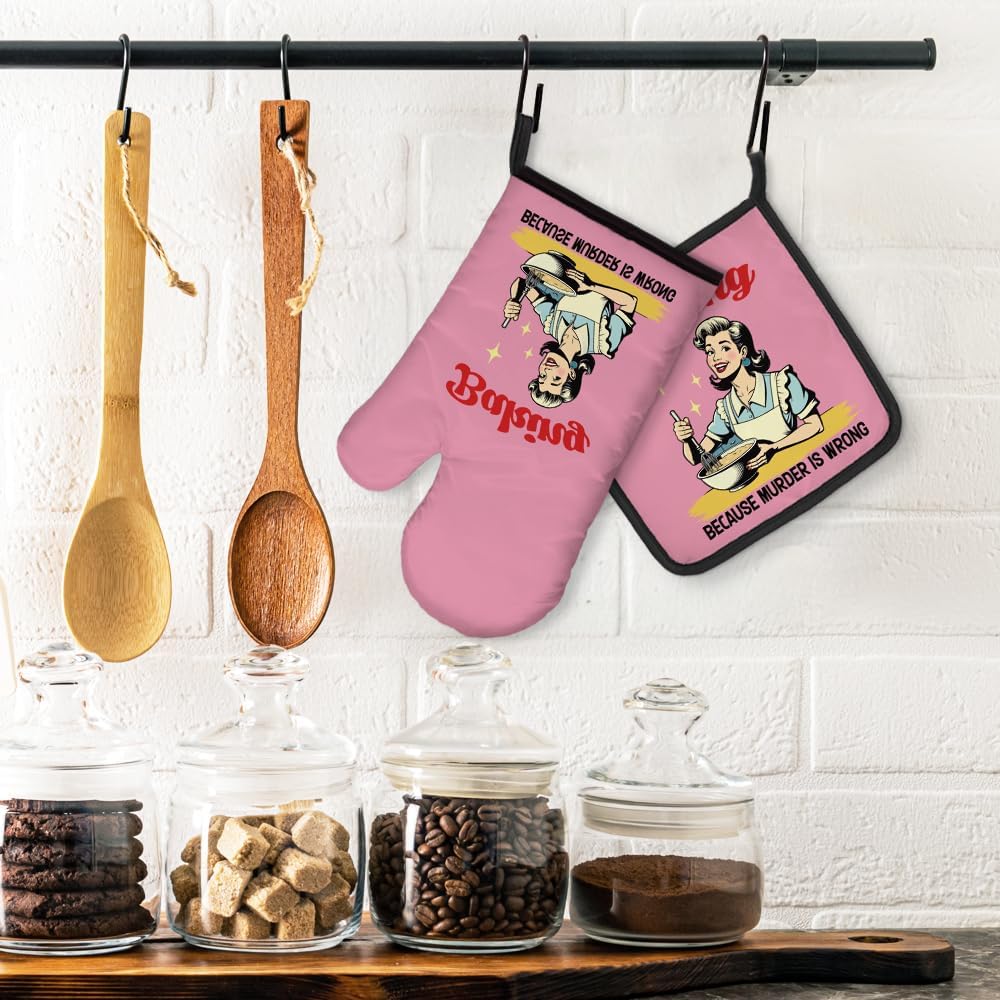Baking Because Murder is Wrong Funny Oven Mitts and Pot Holders Set, Vintage Baking Kitchen Gadgets, Sarcastic Baking Gifts for Women Chef Hostess Mom Sister BFF Baking Lovers - Image 4