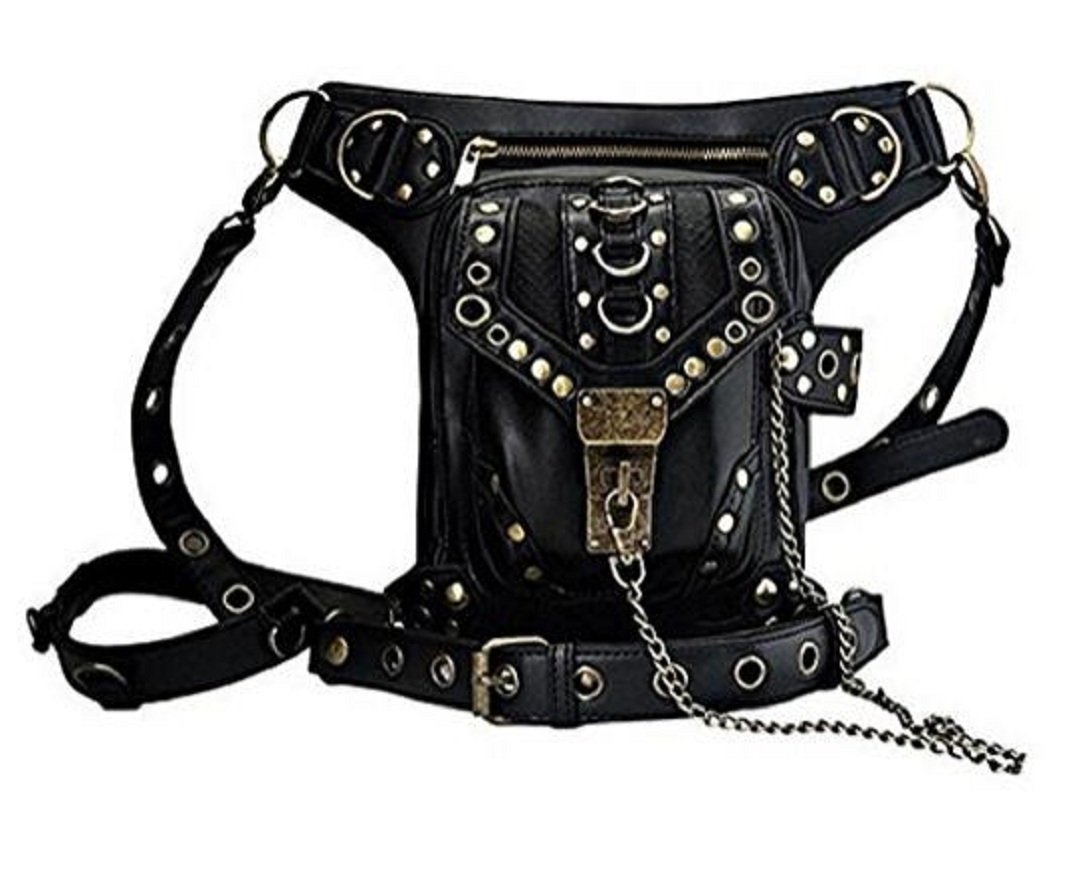 Rock Leather & Vintage Gothic Retro Steampunk Handbag Victorian Style Shoulder Waist Bag Black
